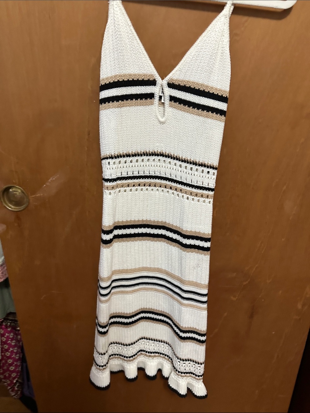 White Crochet Maxi Dress with Black and Tan Stripe Accents